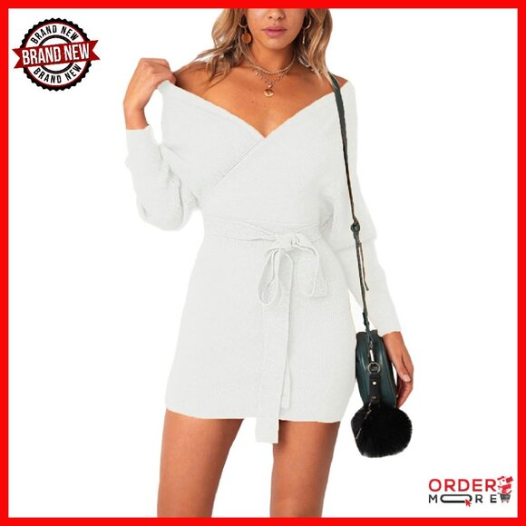 Sexy Batwing Long Sleeve Backless Wrap Sweater Mini Dress